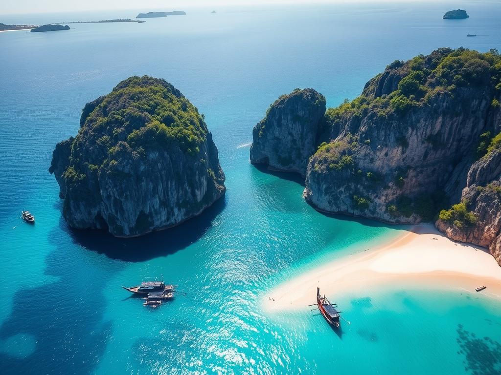 Aerial view of Maya Bay on Phi Phi Islands with boats and turquoise water - thailand travel guide 2025