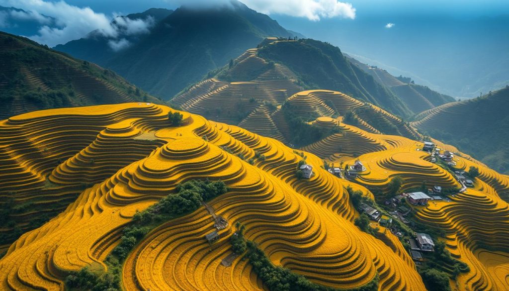 Aerial view of Mu Cang Chai rice terraces during harvest season with golden rice paddies in 2025