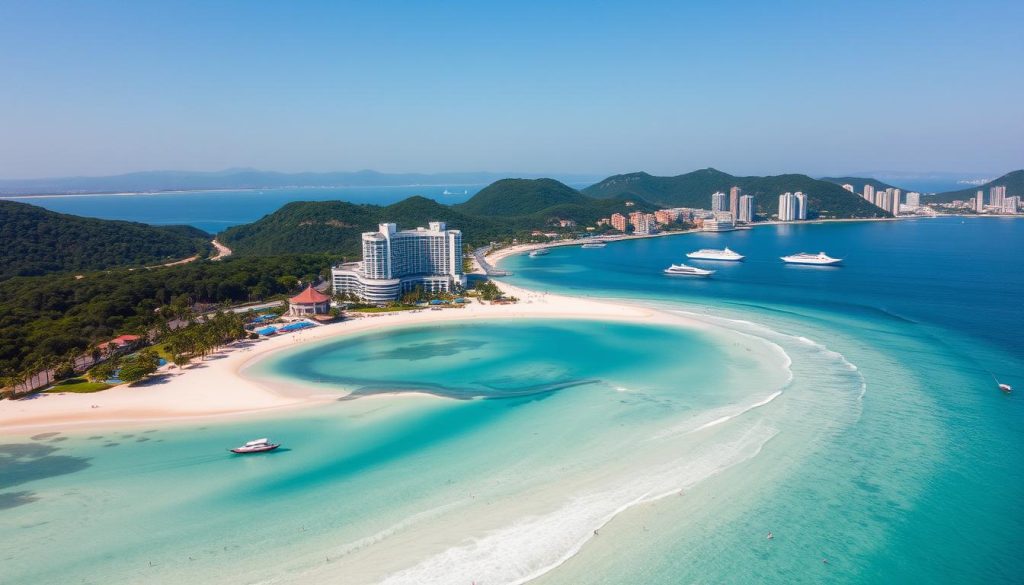 Aerial view of Nha Trang beach with resorts, palm trees, and turquoise waters in 2025