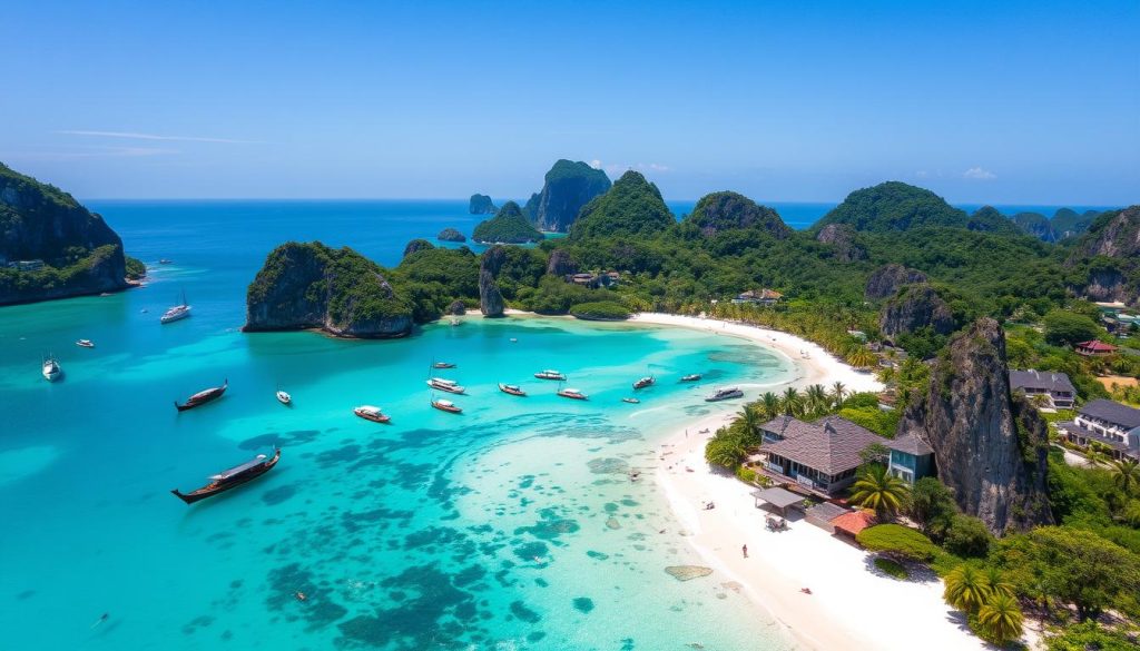 Aerial view of Phi Phi Islands with turquoise waters and limestone cliffs - thailand travel guide 2025 Aerial view of Phi Phi Islands with turquoise waters and limestone cliffs - thailand travel guide 2025