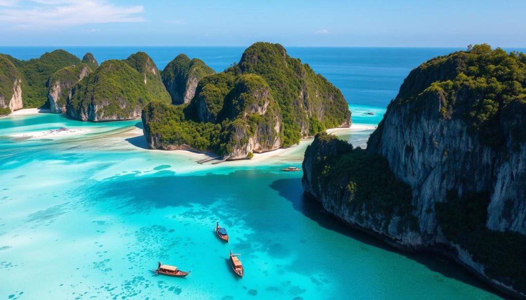 Aerial view of pristine beaches and clear waters in the Phi Phi Islands, Thailand