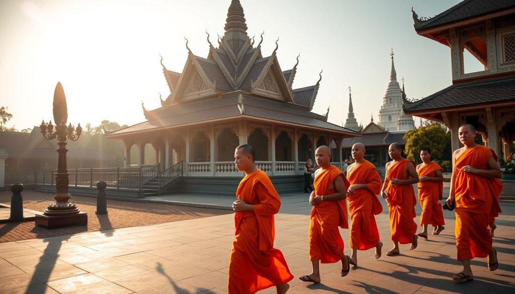 Buddhist monks in orange robes walking at a temple in Thailand - thailand travel guide 2025 Buddhist monks in orange robes walking at a temple in Thailand - thailand travel guide 2025