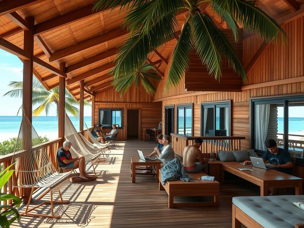 Budget accommodation in a beachfront hostel in Thailand with hammocks and ocean view