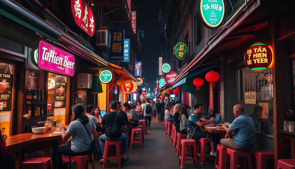Busy Beer Street (Ta Hien) in Hanoi's Old Quarter at night with tourists and locals enjoying outdoor bars in 2025