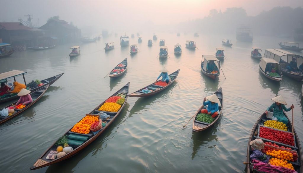 Cai Rang floating market in the Mekong Delta with boats full of produce and local vendors in 2025