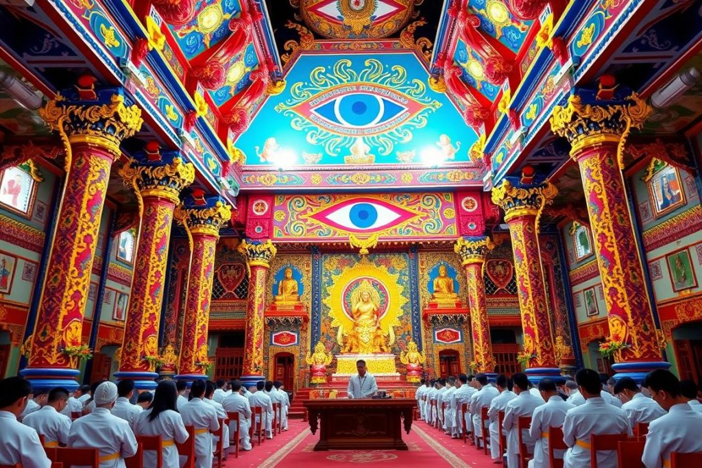 Cao Dai Temple in Tay Ninh with colorful interior and religious ceremony in 2025