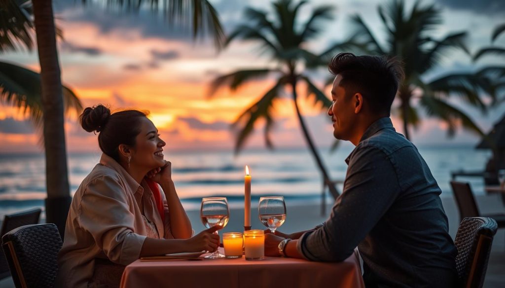Couple enjoying sunset dinner at beachfront restaurant in Thailand - thailand travel guide 2025 Couple enjoying sunset dinner at beachfront restaurant in Thailand - thailand travel guide 2025