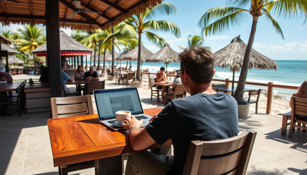 Digital nomad working from a beachfront cafe in the Philippines, travel guide 2025 Digital nomad working from a beachfront cafe in the Philippines, travel guide 2025