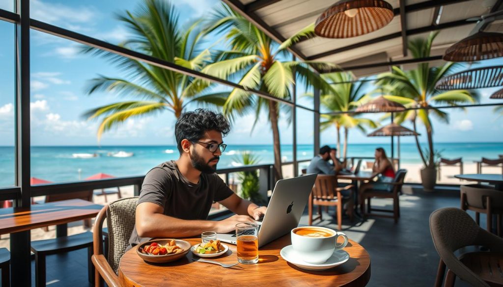 Digital nomad working on laptop at a beachside cafe in Thailand - thailand travel guide 2025 Digital nomad working on laptop at a beachside cafe in Thailand - thailand travel guide 2025