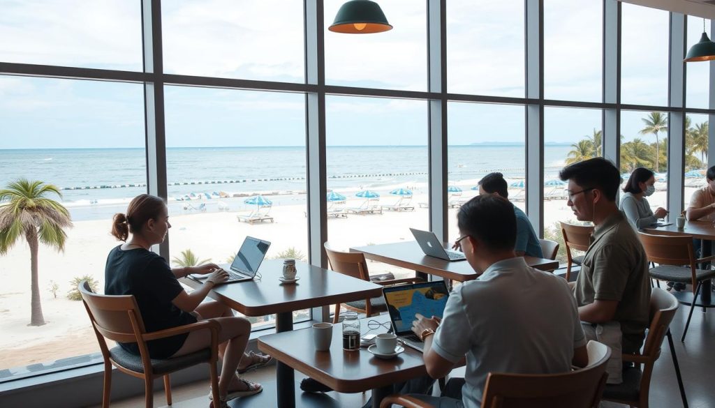 Digital nomads working from a beachfront café in Da Nang with laptops and ocean view in 2025