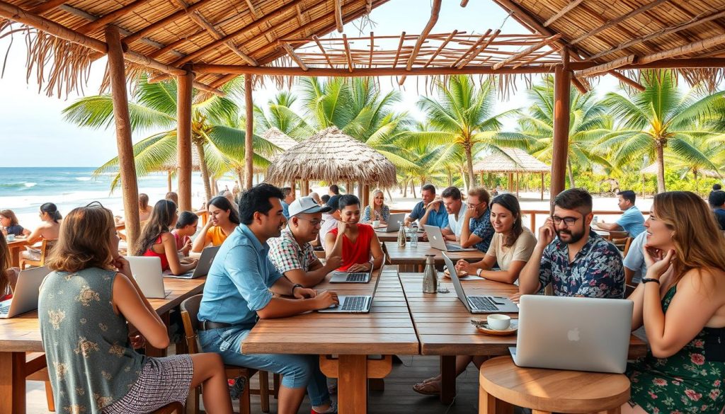 Expat community gathering at a beachfront cafe in Bali, Indonesia