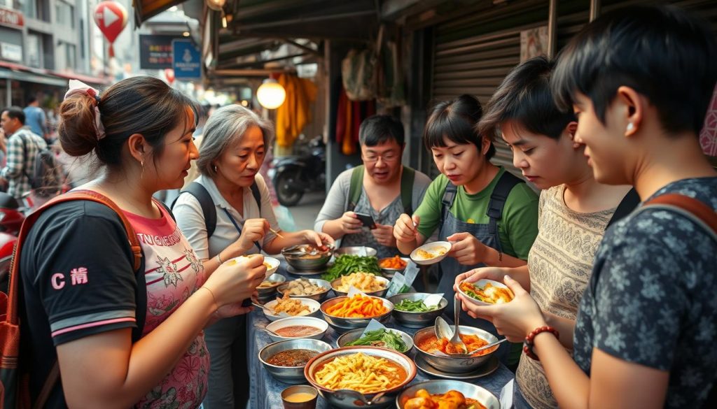 Food tour in Hanoi with tourists sampling street food with local guide in 2025