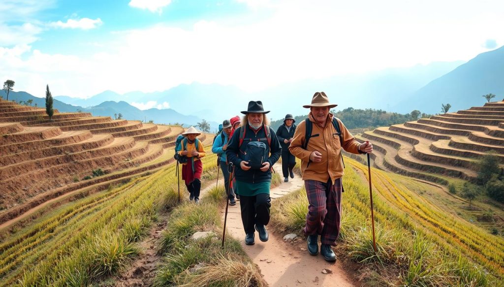 Guided trekking tour in Sapa with tourists and local guide walking through rice terraces in 2025