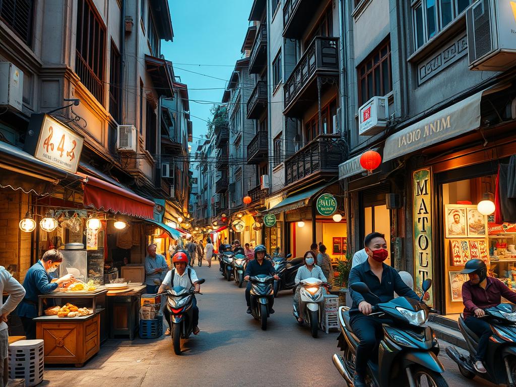 Hanoi Old Quarter street scene with traditional architecture and street vendors in 2025