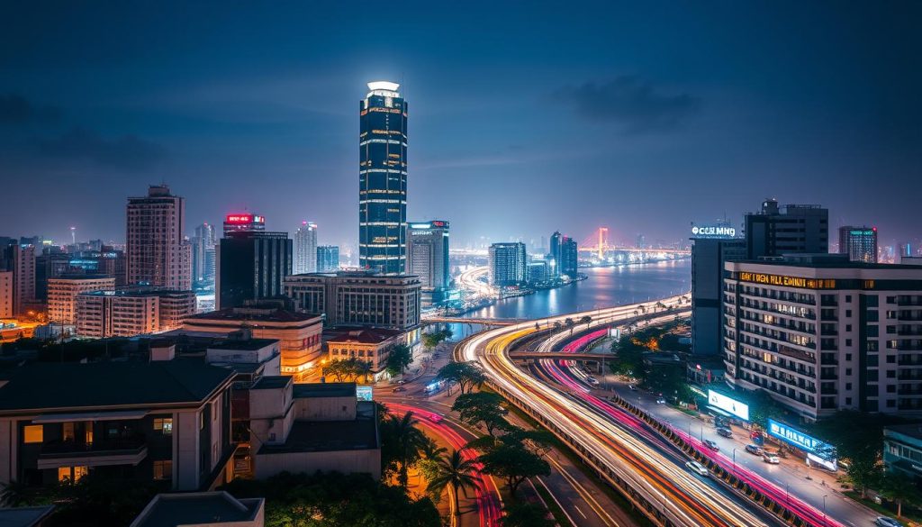Ho Chi Minh City skyline at night with Landmark 81 skyscraper and Saigon River in 2025