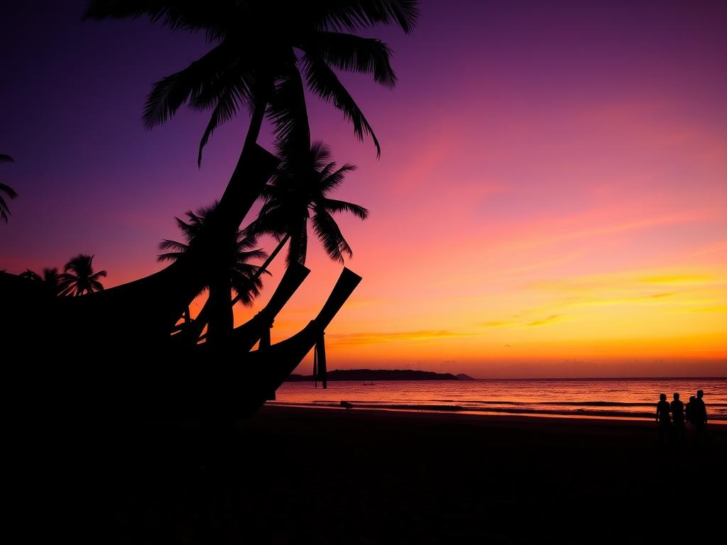 Long-tail boats at sunset on Koh Lanta beach with silhouette of palm trees - thailand travel guide 2025