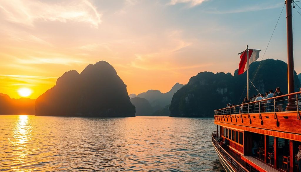 Luxury cruise ship in Ha Long Bay with tourists enjoying sunset from the deck in 2025