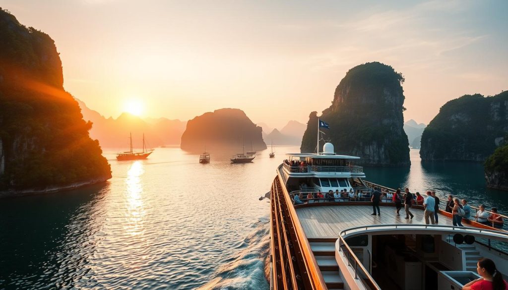 Luxury cruise ship navigating through Ha Long Bay's limestone karsts at sunset in 2025