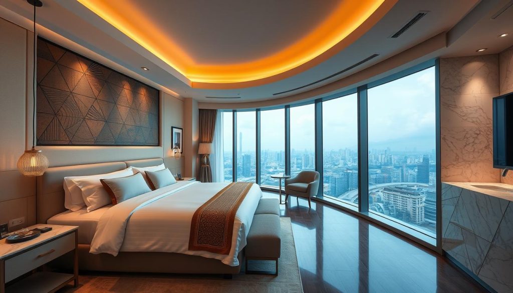 Luxury hotel room with panoramic views of Hanoi cityscape in 2025
