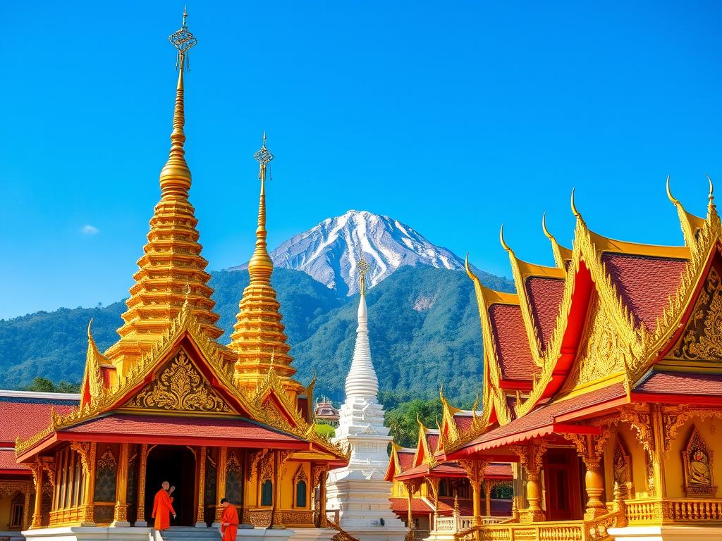 Ornate temples in Chiang Mai, Thailand with mountain backdrop