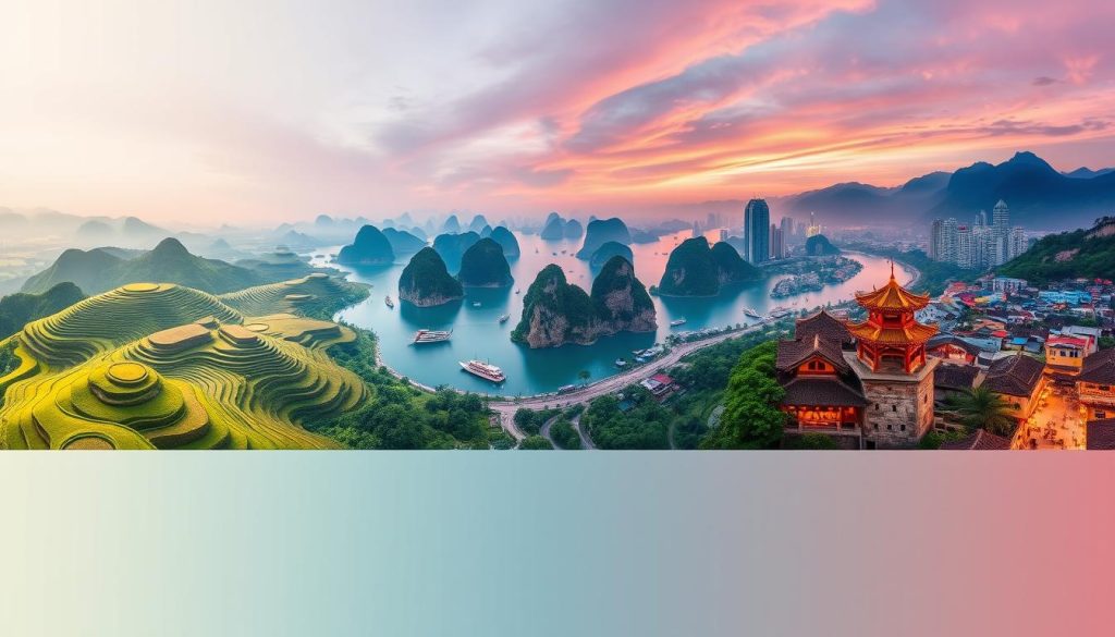 Panoramic view of Vietnam's diverse landscapes from mountains to beaches, cities to rice fields in 2025
