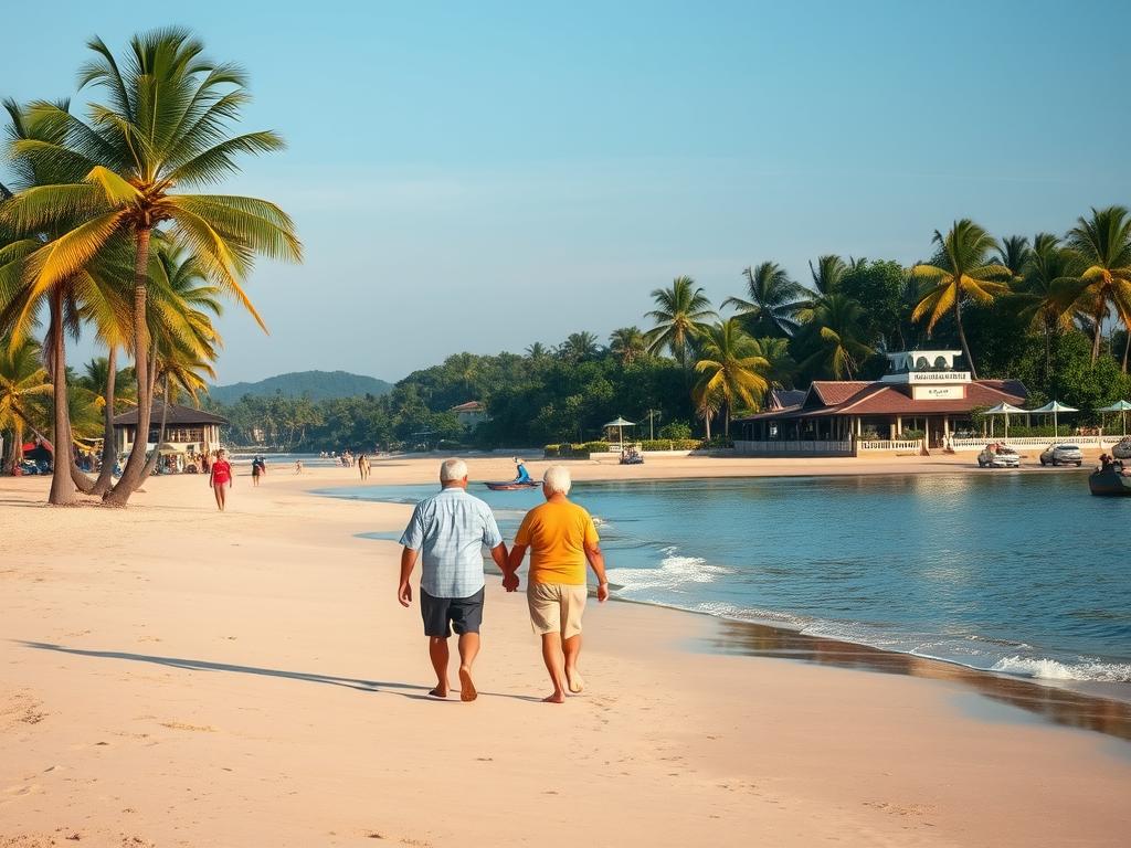 Peaceful beach scene in Hua Hin with retirees walking - thailand travel guide 2025