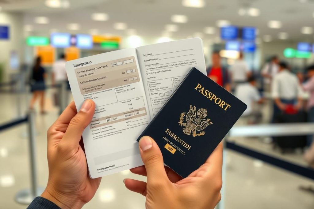 Person holding passport and visa documents at immigration checkpoint in Southeast Asia