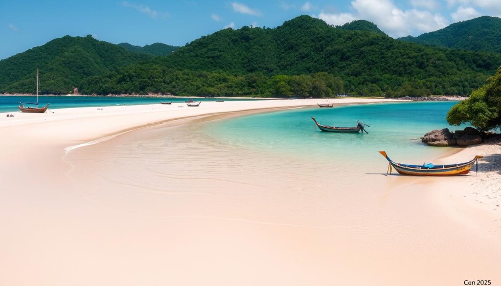 Pristine beach in Con Dao with turquoise waters and forested hills in background in 2025