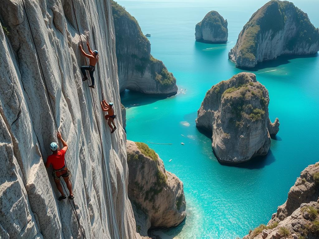 Rock climbers on limestone cliffs at Railay Beach, Krabi - thailand travel guide 2025 Rock climbers on limestone cliffs at Railay Beach, Krabi - thailand travel guide 2025