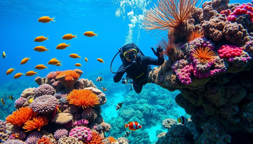 Scuba diver exploring vibrant coral reefs in Komodo National Park, Indonesia