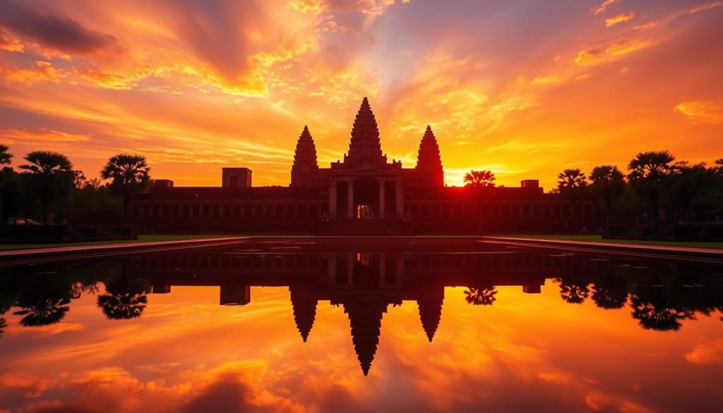 Sunrise over the ancient temples of Angkor Wat, Cambodia