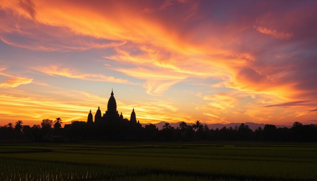 Sunset over Cambodian countryside with temple silhouette, Cambodia travel guide 2025