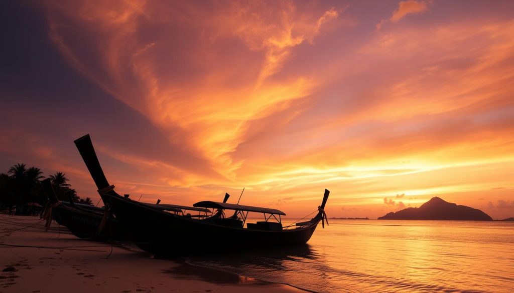 Sunset over traditional long-tail boats on a Thai beach - thailand travel guide 2025 Sunset over traditional long-tail boats on a Thai beach - thailand travel guide 2025