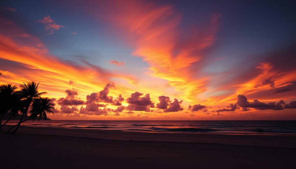 Sunset over tropical beach with silhouette of palm trees, Philippines travel guide 2025 Sunset over tropical beach with silhouette of palm trees, Philippines travel guide 2025