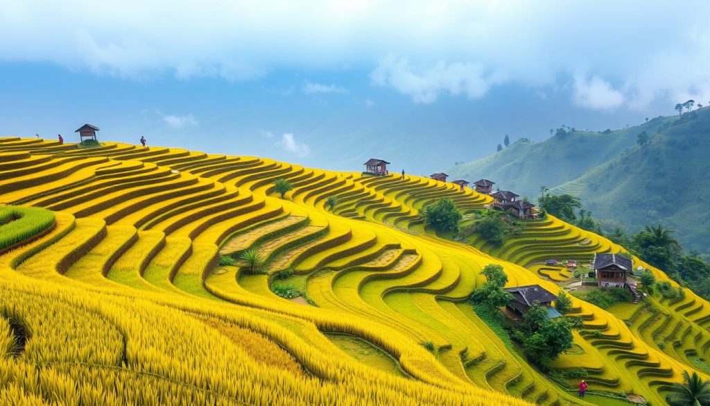 Terraced rice fields in Sapa with local Hmong villagers working in traditional dress in 2025