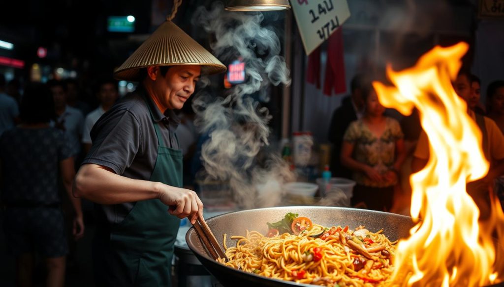 Thai street food vendor cooking pad thai in wok at night market - thailand travel guide 2025 Thai street food vendor cooking pad thai in wok at night market - thailand travel guide 2025