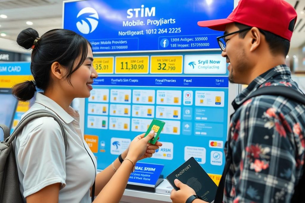 Tourist purchasing a local SIM card at an airport kiosk in Southeast Asia