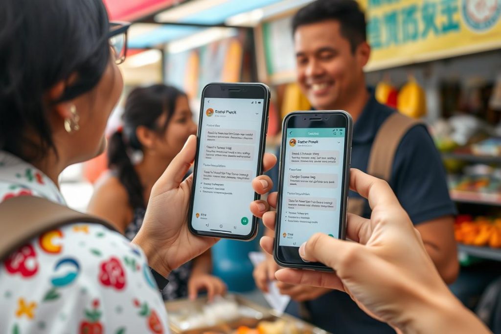 Tourist using a translation app to communicate with a local vendor in a Southeast Asian market