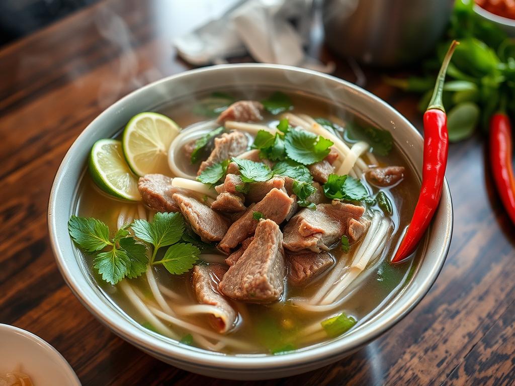 Traditional bowl of pho with beef, herbs, and condiments in Hanoi in 2025