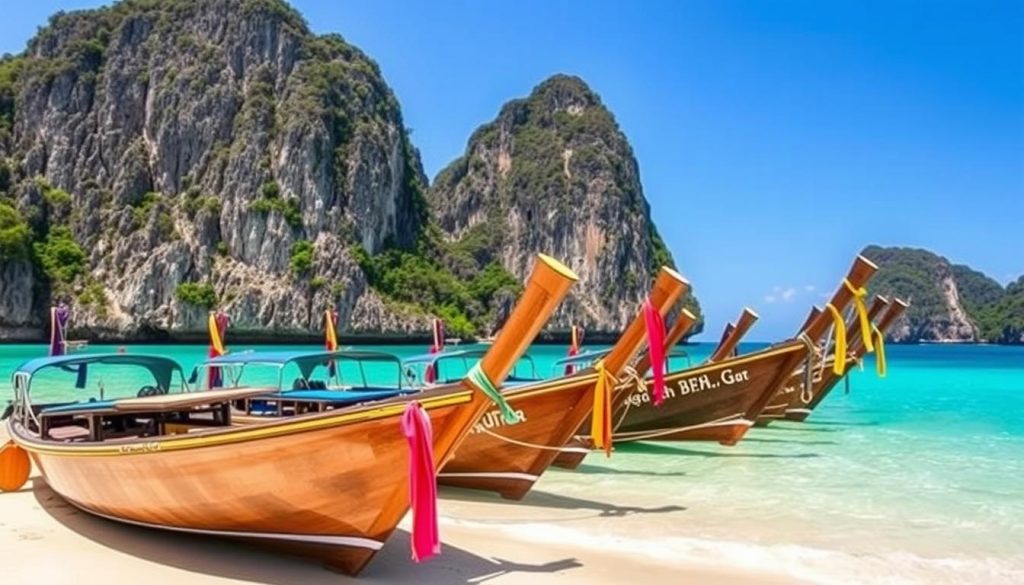 Traditional long-tail boats at a beach in Thailand with limestone cliffs in background