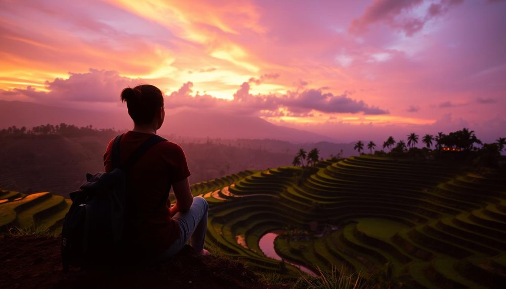 Traveler watching sunset over rice terraces in Bali, Indonesia