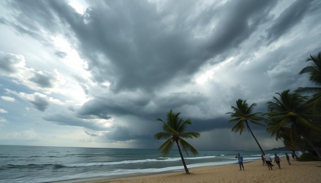 Tropical rainstorm over beach in Thailand during green season - thailand travel guide 2025 Tropical rainstorm over beach in Thailand during green season - thailand travel guide 2025