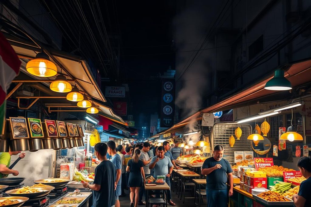 Vibrant street food market in Bangkok, Thailand with various food stalls and colorful dishes