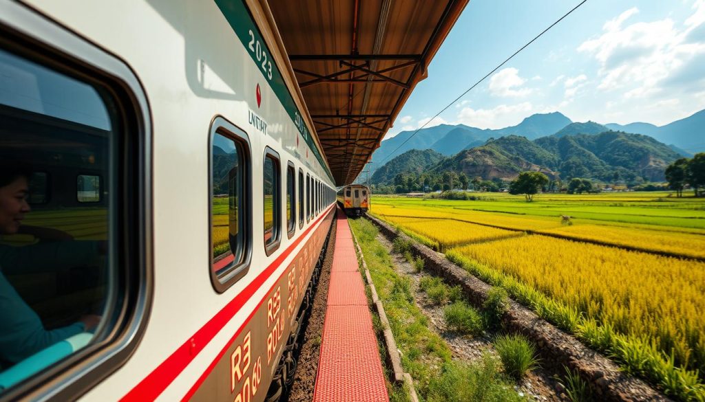 Vietnam's North-South Reunification Express train passing through scenic countryside in 2025